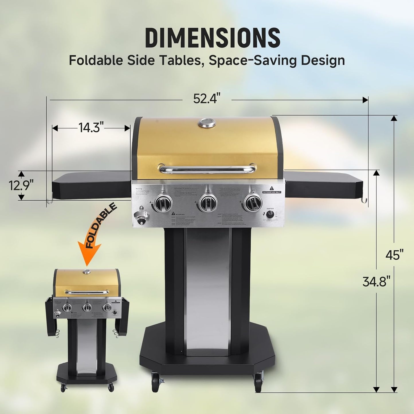Redlife 3 Burner Propane Gas Grill, 30,000 BTU Outdoor BBQ Grill with Cast Iron Cooking Grates, Stainless Steel Warming Rack, Built-in Thermometer, Side Shelves, Removable Grease Tray, Yellow