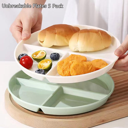 LRUUIDDE (5 Pack) Portion Control Plate for Balanced Eating, 9" Unbreakable Divided Plates,3 Compartment Plates, Reusable Plastic Plates, BPA Free for Adults