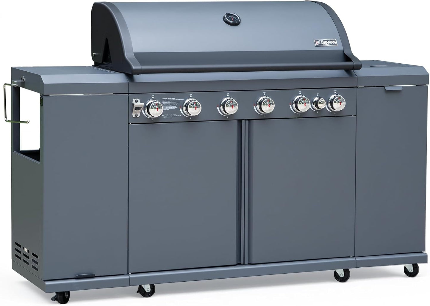 Brand-Man 4-Burner Gas Outdoor Kitchen Grill Island with Side Burner - 44,000 BTU Stainless Steel BBQ Grill Station with Storage Cabinets, Fold-out Prep Table, LPG/NG Convertible, Black
