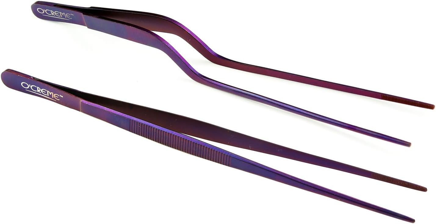 O'Creme Culinary Stainless Steel Tweezer Tongs Set of 2 - One 10 Inch Straight and One 8 Inch Offset Gold Color
