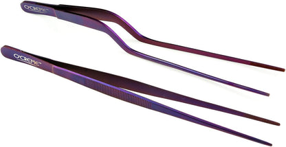 O'Creme Culinary Stainless Steel Tweezer Tongs Set of 2 - One 10 Inch Straight and One 8 Inch Offset Gold Color