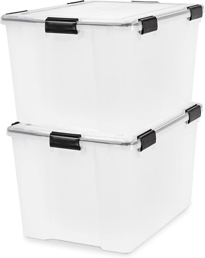 IRIS USA Storage Bins with Lids, WeatherPro Wheeled 106 Qt, Plastic, 3 Pack | Weather-tight gasket, wheels, and secure latches protect camping gear, tools, holiday décor, clothing, and documents.