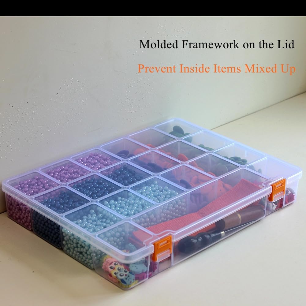 2 Pack Fixed 21 Grids Large Clear Plastic Storage Box, Transparent Organizer Container Case for Small Parts, Bead, Button, Jewelry, Diamond, Craft Supplies,Sewing Kit, DIY Accessories