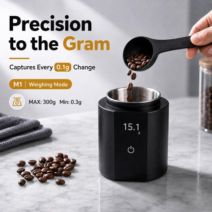 Espresso Scale with Auto Timer, 3‑in‑1 SUS304 Coffee Dosing Cup, 0.1g Precision 300g, USB‑C Rechargeable OLED Display, Portable Shot Scale for Coffee Beans & Ground Powder, Black