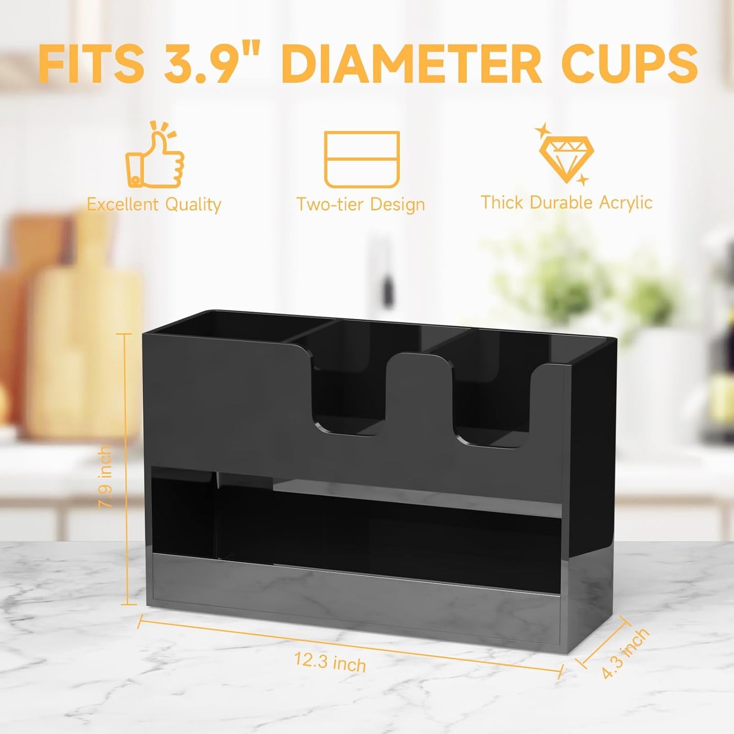 Coffee Condiment and Cup Organizer - 2-Tier Upright Cup and Lid Holder with Straw Organizer 2 Compartments Clear Acrylic Cup Dispenser for Restaurant Breakroom Coffee Station Countertop