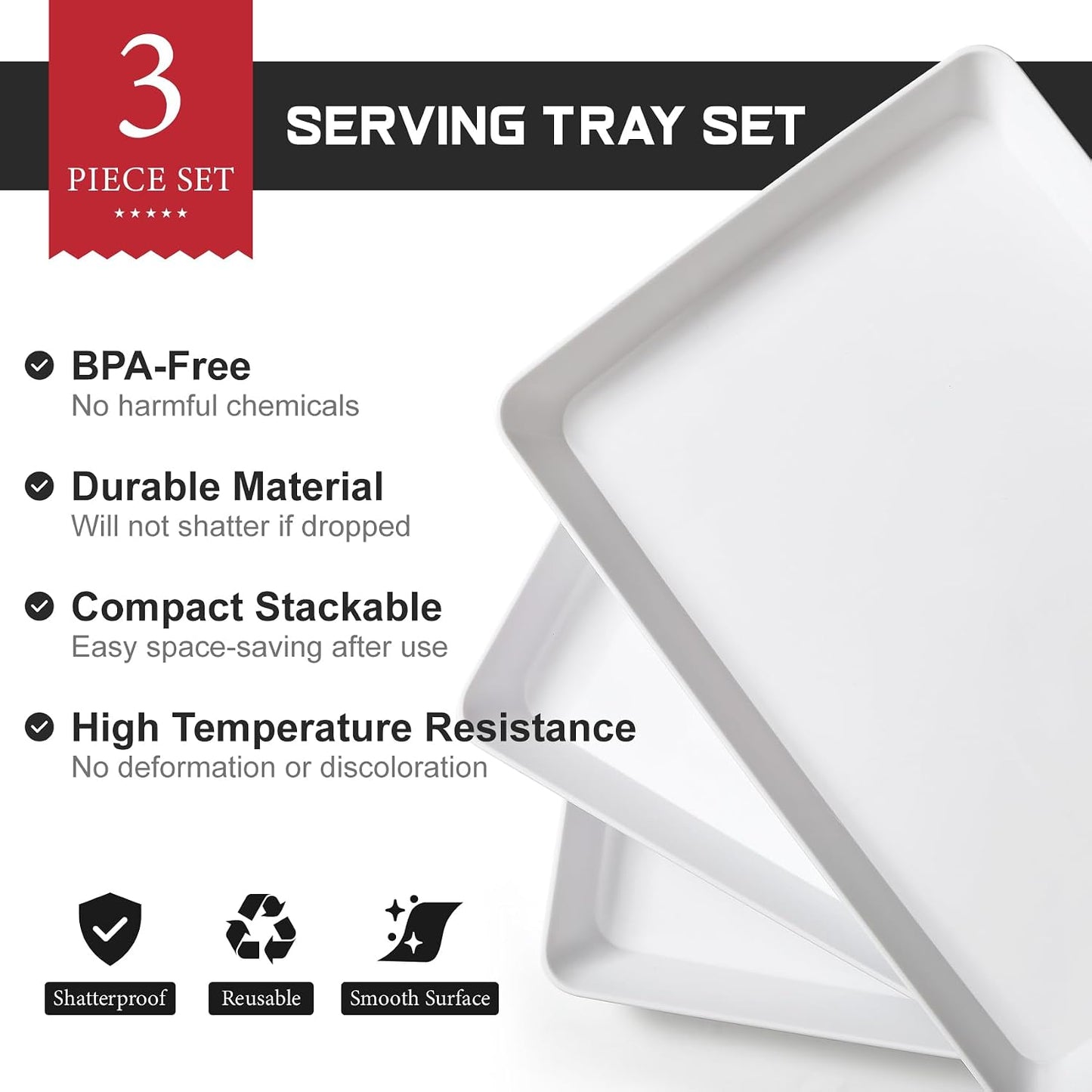 8 Pack, 16" x 11" Large White Serving Trays Set - Reusable Plastic Serving Platters for Cookie, Appetizer, Charcuterie, Snack, Dessert, Party Food Display - Stackable Kitchen CounterTop Tray, BPA Free