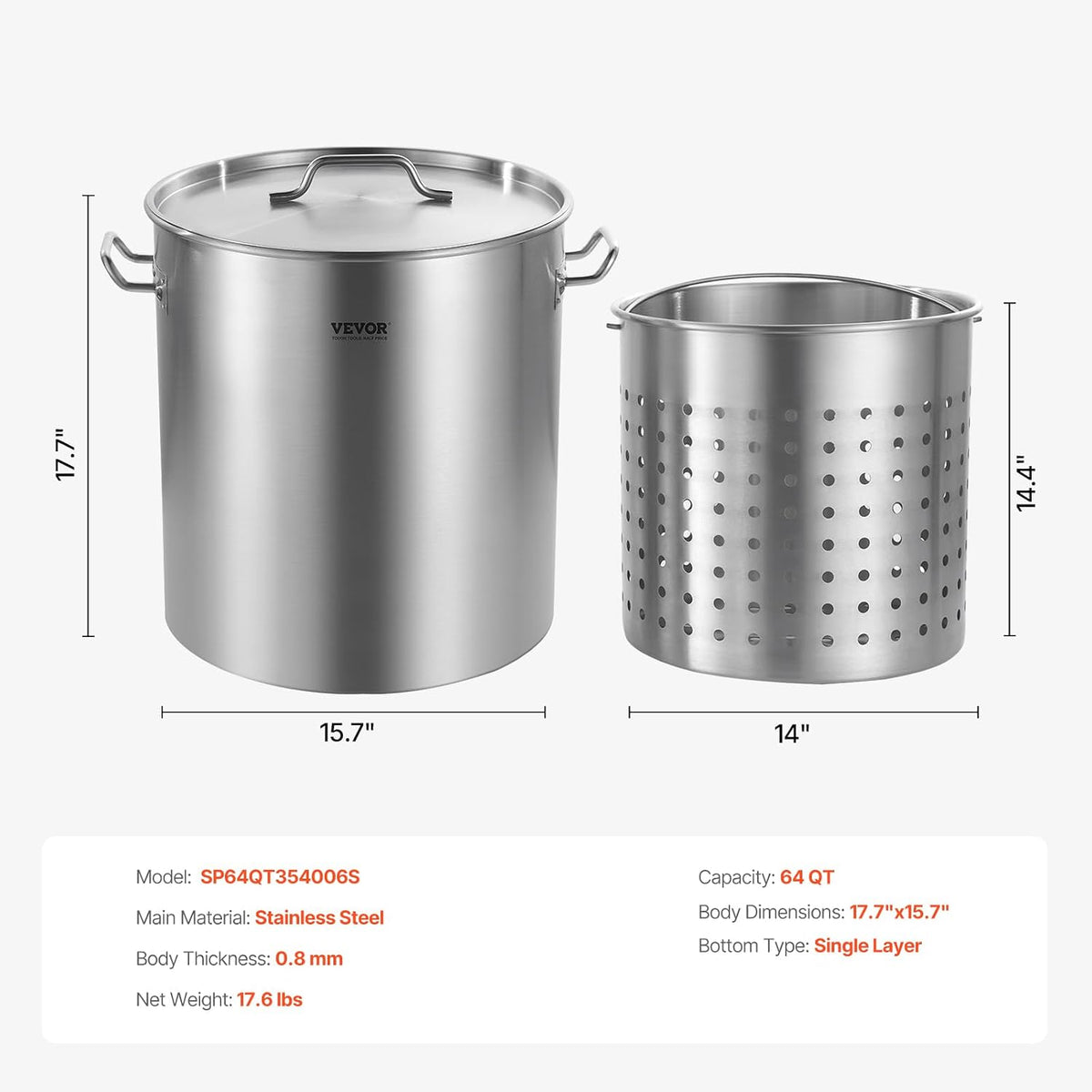 VEVOR Stainless Steel Stockpot, 42 Quart Large Cooking Pots, Cookware Sauce Pot with Strainer, Lid, and Handle, Heavy Duty Commercial Grade Stock Pot, Sanding Treatment, for Large Groups Events Silver