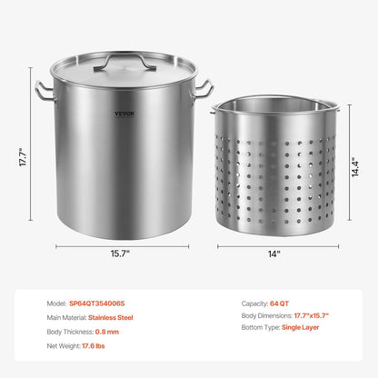 VEVOR Stainless Steel Stockpot, 42 Quart Large Cooking Pots, Cookware Sauce Pot with Strainer, Lid, and Handle, Heavy Duty Commercial Grade Stock Pot, Sanding Treatment, for Large Groups Events Silver