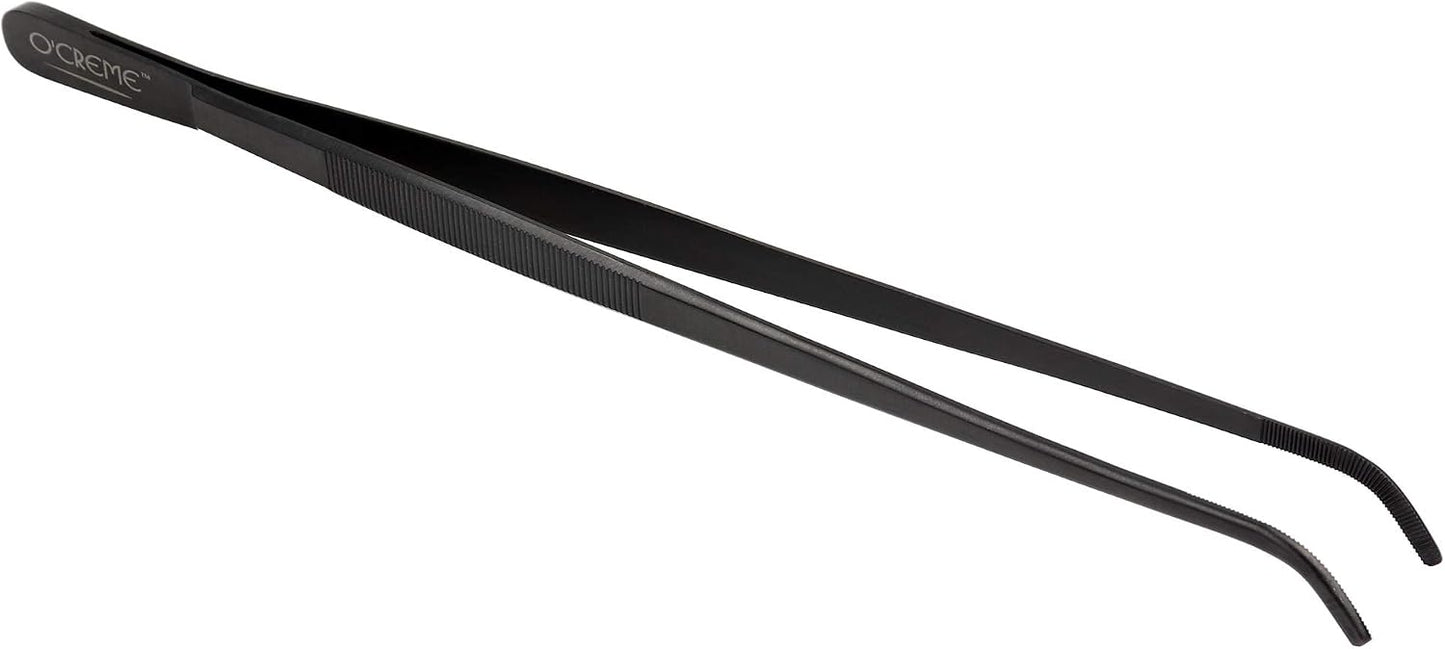 O'Creme 12 Inch Stainless Steel Precision Kitchen Culinary Tweezer Tongs (12" Curved, Rose Gold)