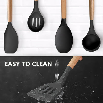 Kitchen Cooking Utensils Set, 6Pcs Silicone Kitchen Utensils Set Spatula Spoon Soup Ladle Turner, Heat Resistant Wooden Handle Silicone Cooking Gadgets for Nonstick Cookware & Baking BPA FREE
