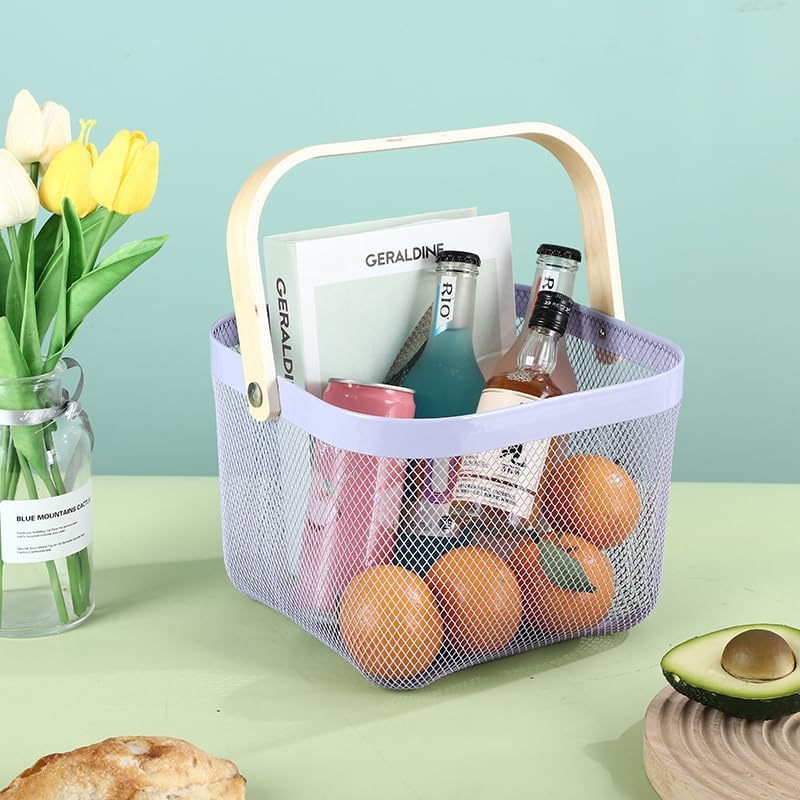 AJIODA Metal Mesh Wire Basket, Large Steel Basket with Wooden Handle Storage Organizer Basket Multi-functional Hanging Kitchen Baskets Fruit Baskets for Kitchen Bathroom Cabinet Pantry Snacks, Black