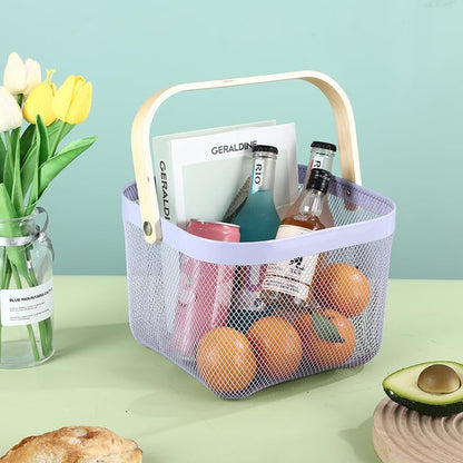 AJIODA Metal Mesh Wire Basket, Large Steel Basket with Wooden Handle Storage Organizer Basket Multi-functional Hanging Kitchen Baskets Fruit Baskets for Kitchen Bathroom Cabinet Pantry Snacks, Black