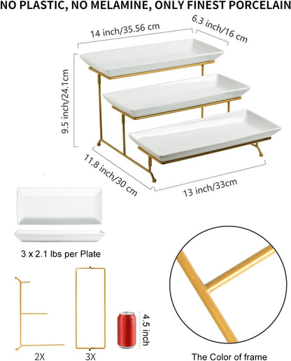 LAUCHUH 3 Tier Serving Tray, Porcelain Serving Platter Tier Serving Stand with Collapsible Sturdier Rack, Serving Trays and Platters Dessert Party Display Set for Father's Day, Gold, 12 Inch