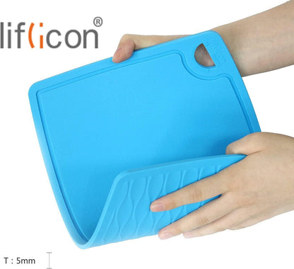 Liflicon Thick Cutting Boards for Kitchen Silicone Chopping Board Set of 2 Mid 12.6'' x 9.1”,Mini 9.1”x7.1” Non-slip Deep Drip Juice Groove Easy Grip Handle,Dishwasher Safe-Red