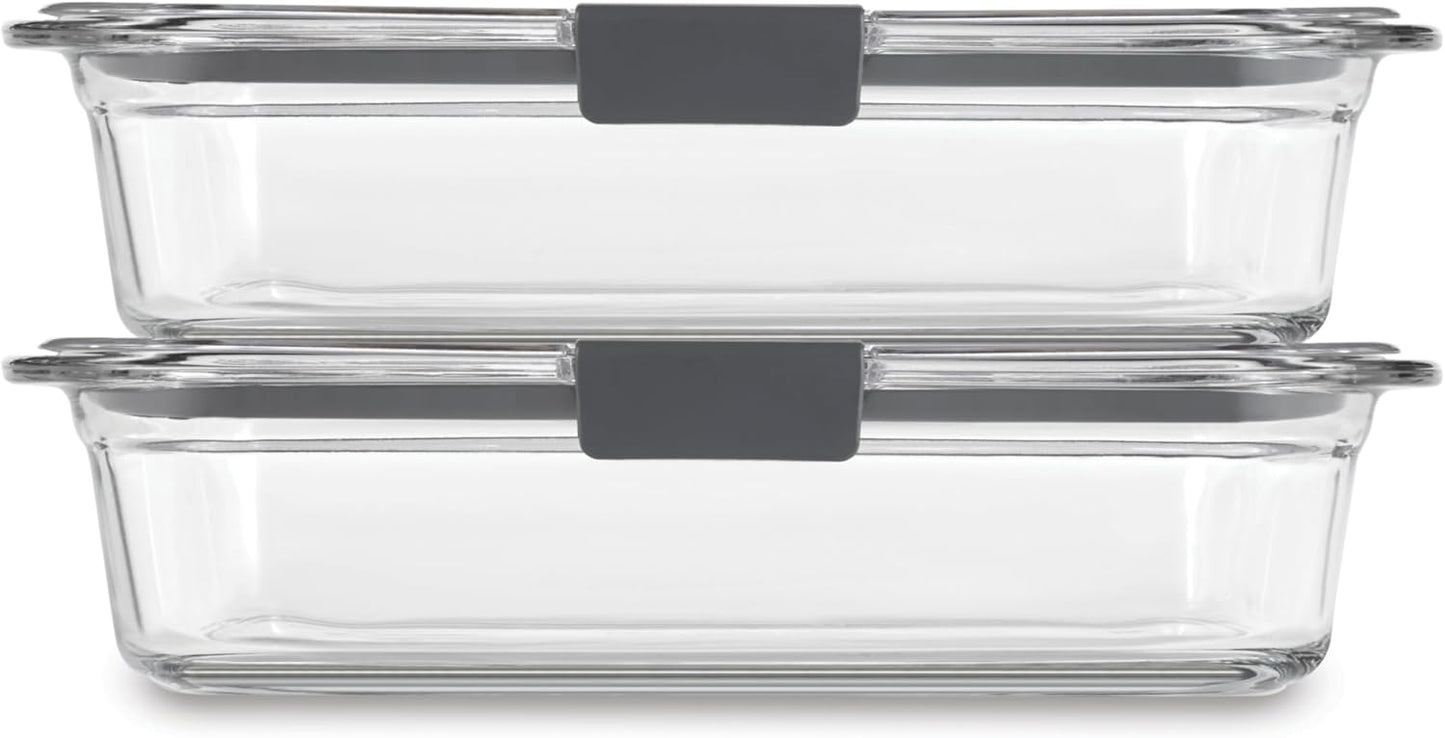Rubbermaid Brilliance Glass Food Storage set of 4 containers 8 total pieces (4 containers + 4 lids) for Lunch Meal Prep and Leftovers Dishwasher and Oven Safe Clear/Grey