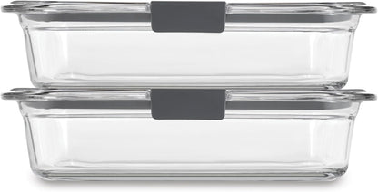 Rubbermaid Brilliance Glass Food Storage set of 4 containers 8 total pieces (4 containers + 4 lids) for Lunch Meal Prep and Leftovers Dishwasher and Oven Safe Clear/Grey