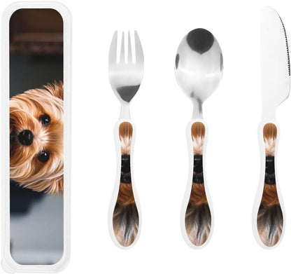 3-Piece Kids Silverware Set With Storage Case, Stainless Steel Reusable Children Safe Knife Spoon Fork Set Cute Puppy Children Flatware Set For Kids Lunch Box