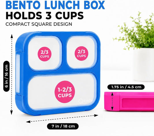 kinsho Medium Bento Boxes for Kids, Lunch Box for Boys Girls Toddler Adults, Leak-Proof 3 Compartment Containers for Meal or Snack at School Daycare Work Travel, BPA Free 2 Pack (Pastel Blue + Pink)