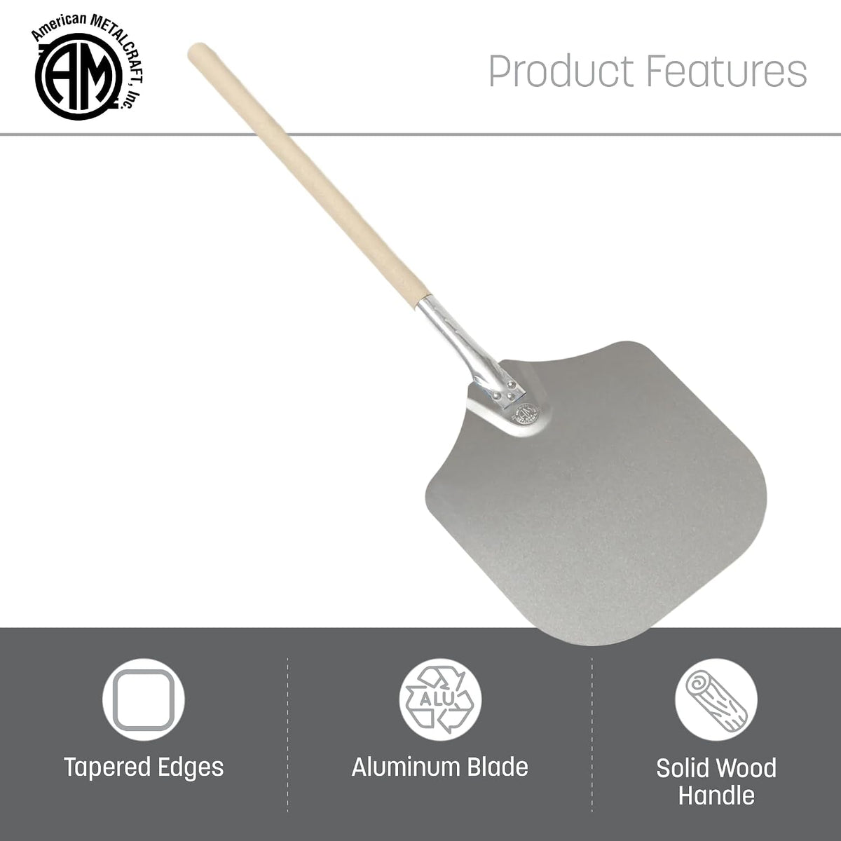 American Metalcraft 3016 Aluminum Pizza Peel with 19 Inch Wood Handle - 12 x 14 Inch, 14 Gauge Aluminum Blade - Tapered Edges for Smooth Handling - Durable Commercial Grade, Silver