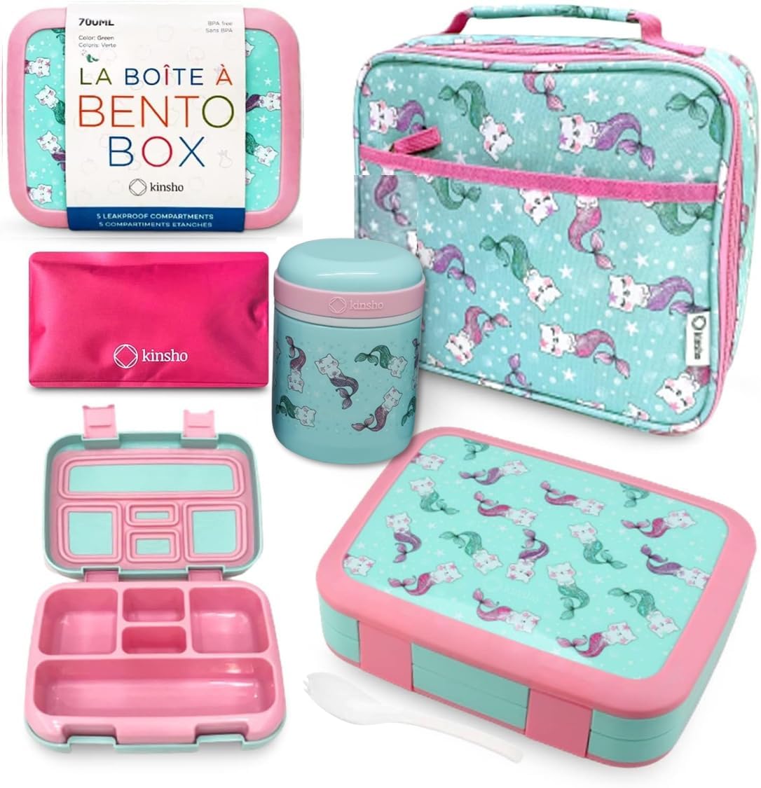 Bento Box with Stainless Steel Thermo, Insulated Lunch Bag, Ice Pack Set for Kids - 5 Compartments, Lunches or Snack Container for Girls, Toddlers Daycare Pre-School, Kindergarten Purple Unicorn