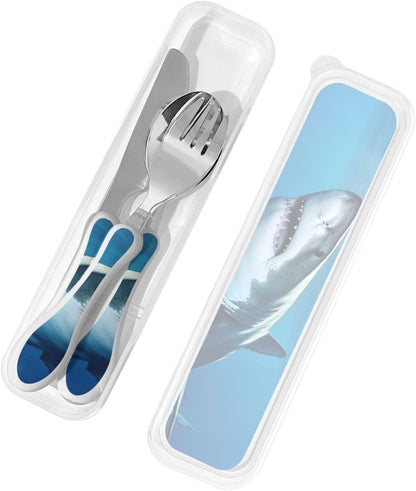 3-Piece Kids Silverware Set With Storage Case, Stainless Steel Reusable Children Safe Knife Spoon Fork Set Ocean Sea Animal Shark Children Flatware Set For Kids Lunch Box