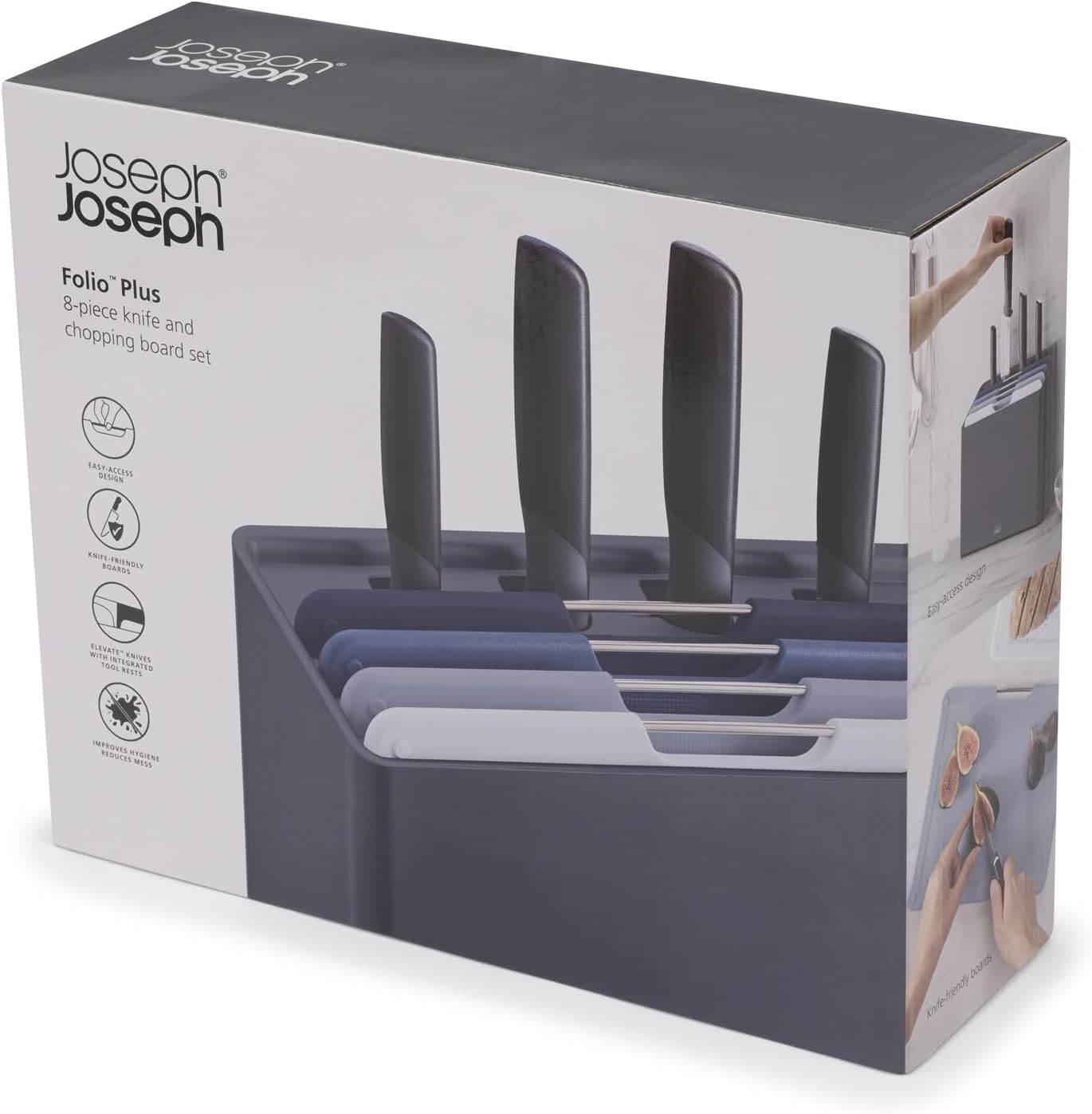 Joseph Joseph Folio Icon 8-Piece Multi Colour coded Cutting Board Set with Japanese Stainless Steel Knives, Slimline case for organized Kitchen storage, Silver