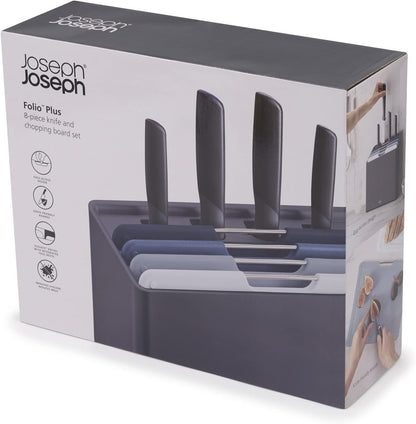 Joseph Joseph Folio Icon 8-Piece Multi Colour coded Cutting Board Set with Japanese Stainless Steel Knives, Slimline case for organized Kitchen storage, Silver