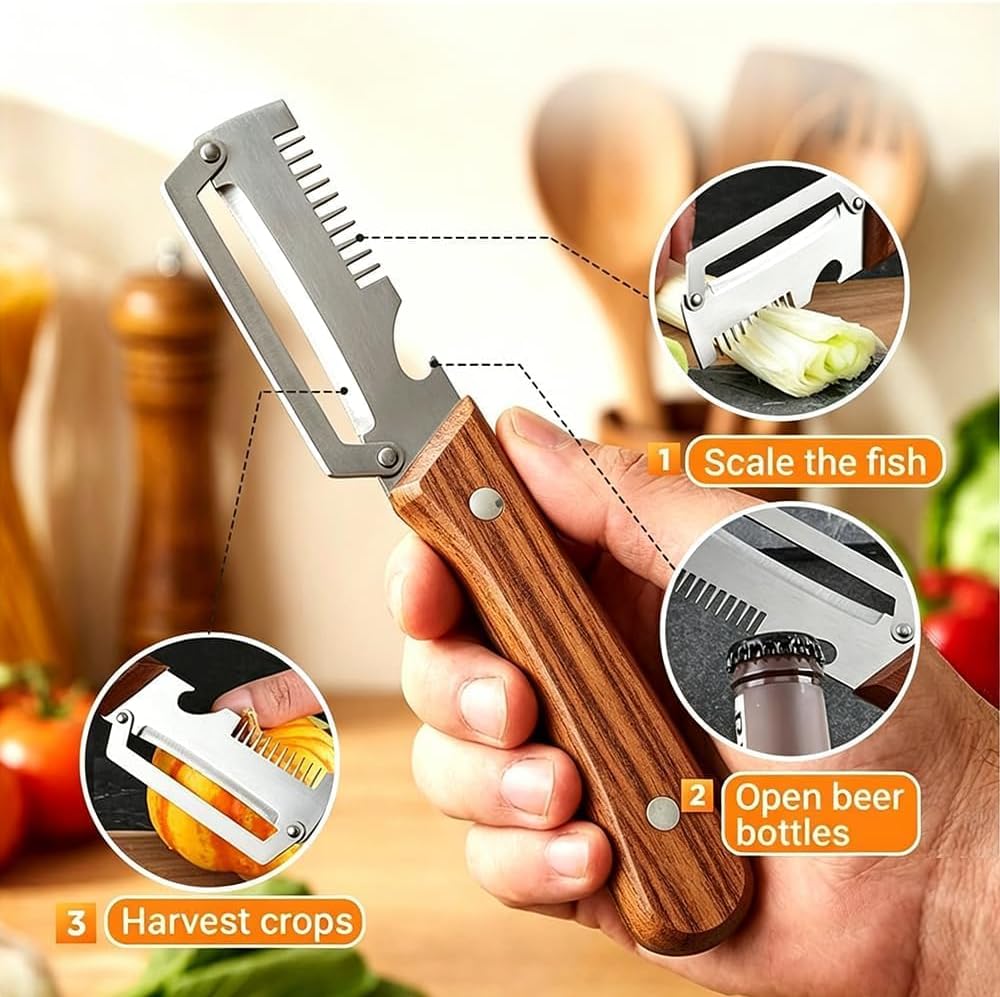 2 Pcs Multi-Functional Vegetable Peeler for Kitchen, Features Solid Wood Handles, 3-in-1 Fruit Peeler with Bottle Opener and Grater, Julienne Peeler, Vegetable Shredder for Potato, Carrot, Fruits
