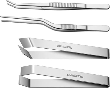Ymapinc Fish Bone Tweezers Set, 4 Pieces Stainless Steel Food Cooking Tweezers to Remove Bones and Scales, Kitchen Tongs with Ergonomic Handles (Silver)