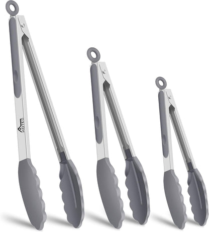 HOTEC Premium Stainless Steel Locking Kitchen Tongs with Silicon Tips, Set of 2-9" and 12"