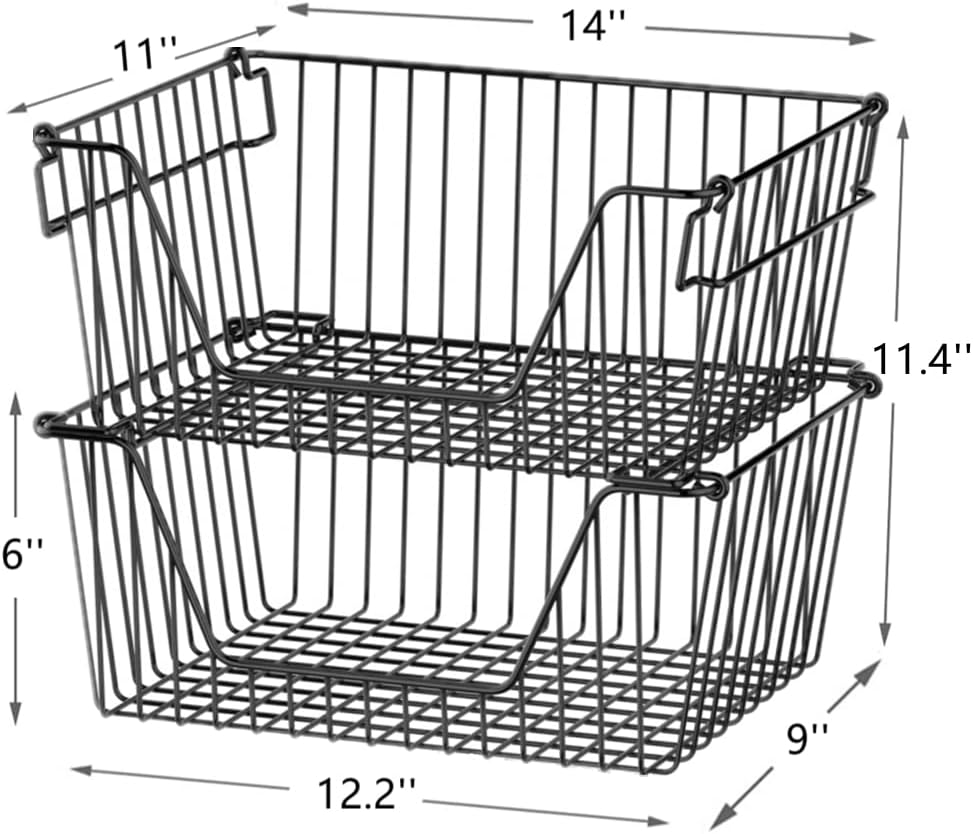Slideep Wire Storage Baskets, Freezer Baskets Farmhouse Stackable Organizer Storage Bins Large Organizer for Storage, Office, Bathroom, Pantry Organization Storage with Handles 14" Black -Set of 3