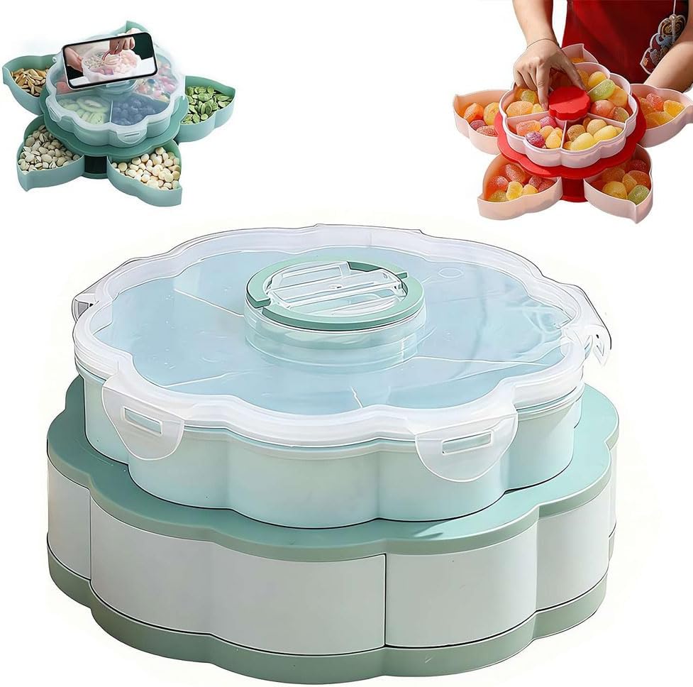 Divided Serving Tray that Spins - Perfect for Snacks, Dips & Party Appetizers,Rotating Snack Box Container with Lid,Double-Layer Lazy Susan Organizer Veggie Fruit Tray for Kitchen,Travel and Picnic