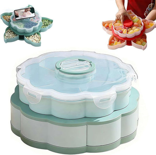 Divided Serving Tray that Spins - Perfect for Snacks, Dips & Party Appetizers,Rotating Snack Box Container with Lid,Double-Layer Lazy Susan Organizer Veggie Fruit Tray for Kitchen,Travel and Picnic