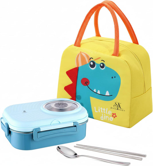 Kids Bento Lunch Box with Bag – Leakproof Stainless Steel Bento Box for School, 3 Compartments, Soup Bowl, Spoon & Chopsticks, Lunchbox Set for Girls & Boys (Blue)