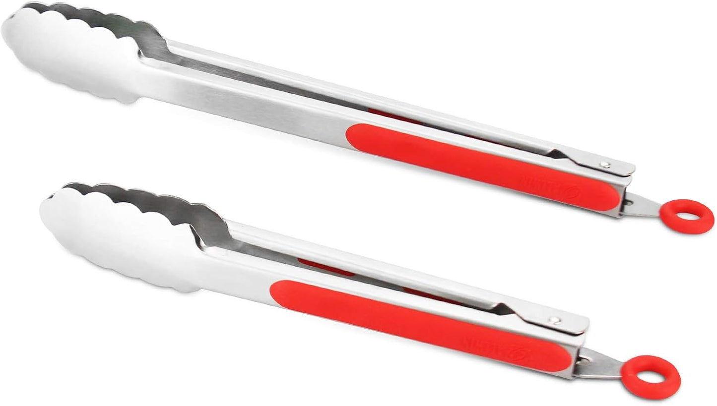 304 Stainless Steel Kitchen Cooking Tongs, 9" and 12" Set of 2 Sturdy Grilling Barbeque Brushed Locking Food Tongs with Ergonomic Grip, Black