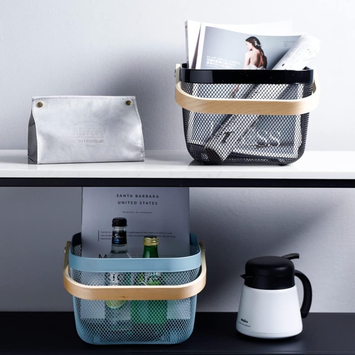 Mesh Steel Storage Organizer Basket Fruit Basket Bin with Wood Handle Ideal for Kitchen Bathroom Picnic Baskets Pantry Cabinets Storage Home Decor (White)