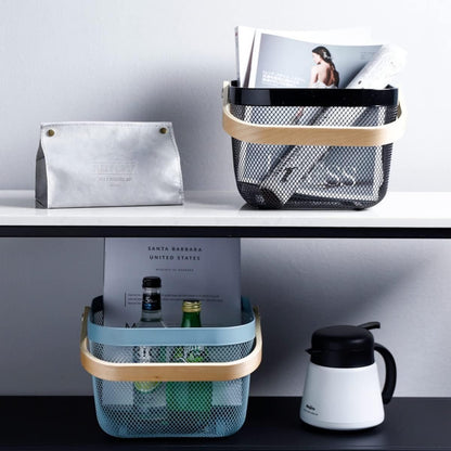 Mesh Steel Storage Organizer Basket Fruit Basket Bin with Wood Handle Ideal for Kitchen Bathroom Picnic Baskets Pantry Cabinets Storage Home Decor (White)