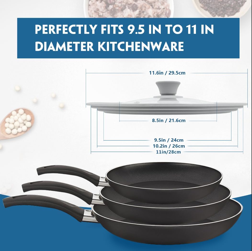 TOPULORS Universal Lid for Pots, Pans, and Skillets - Tempered Glass Lid with Silicone Rim Fits 8", 9", 9.5" Inner Diameter Cookware Frying Pan Cover Replacement Lid - Dishwasher Safe, Grey