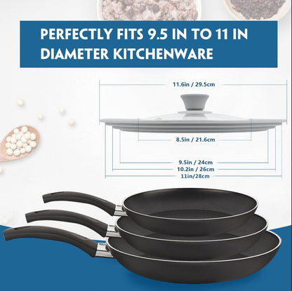TOPULORS Universal Lid for Pots, Pans, and Skillets - Tempered Glass Lid with Silicone Rim Fits 8", 9", 9.5" Inner Diameter Cookware Frying Pan Cover Replacement Lid - Dishwasher Safe, Grey