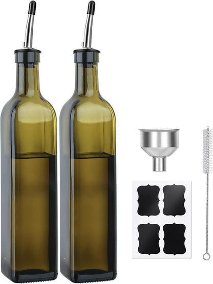 Green Olive Oil Dispenser Bottle - 17oz/500ml Glass Oil and Vinegar Bottles Set for Kitchen, Oil Dispenser with 2 Stainless Steel Pourers, Funnel and Brush