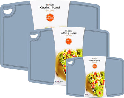 Liflicon Silicone Thick Cutting Boards Mats Set of 3 Foldable & Flexible Design Juice Grooves Easy Grip Handle Dishwasher Safe for Kitchen,BPA free Silicone Cutting Board-Gray