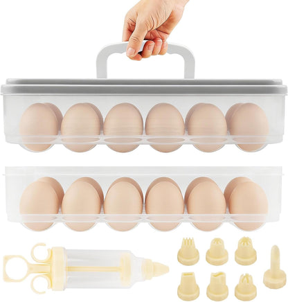 Deviled Egg Containers Set of 2, 48 Count Total 12×8.86×4.92inch Egg Storage Trays with Lid & Handle, Stackable Carrier with Piping Bottle for Party Picnic