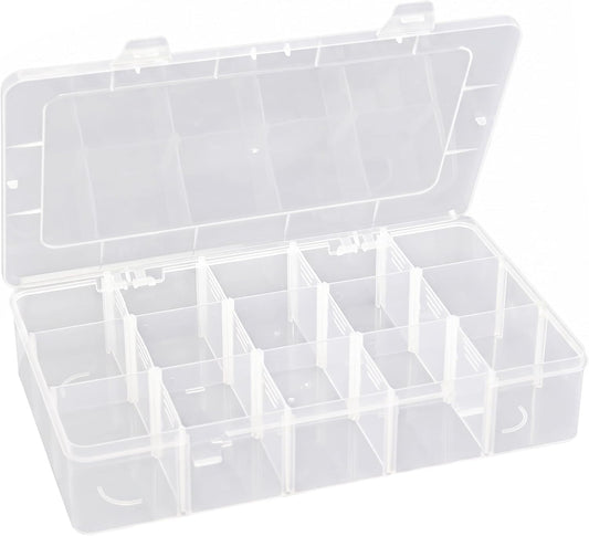 Hlotmeky Plastic Organizer Box with Dividers Bead Organizer 15 Large Grids Tackle box Organizer Clear Snackle Box Container