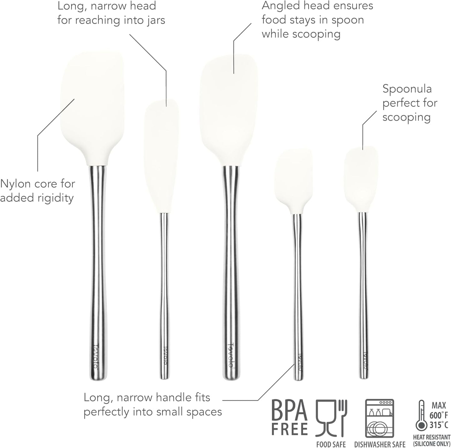 Tovolo Flex Core 5 Piece Silicone Spatula Set Heat Resistant All Silicone Utensils Include Non Stick Spatula Spoonula Jar Scraper, Dishwasher Safe BPA Free Spatulas for Baking Mixing, White