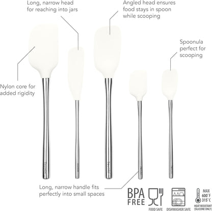 Tovolo Flex Core 5 Piece Silicone Spatula Set Heat Resistant All Silicone Utensils Include Non Stick Spatula Spoonula Jar Scraper, Dishwasher Safe BPA Free Spatulas for Baking Mixing, White
