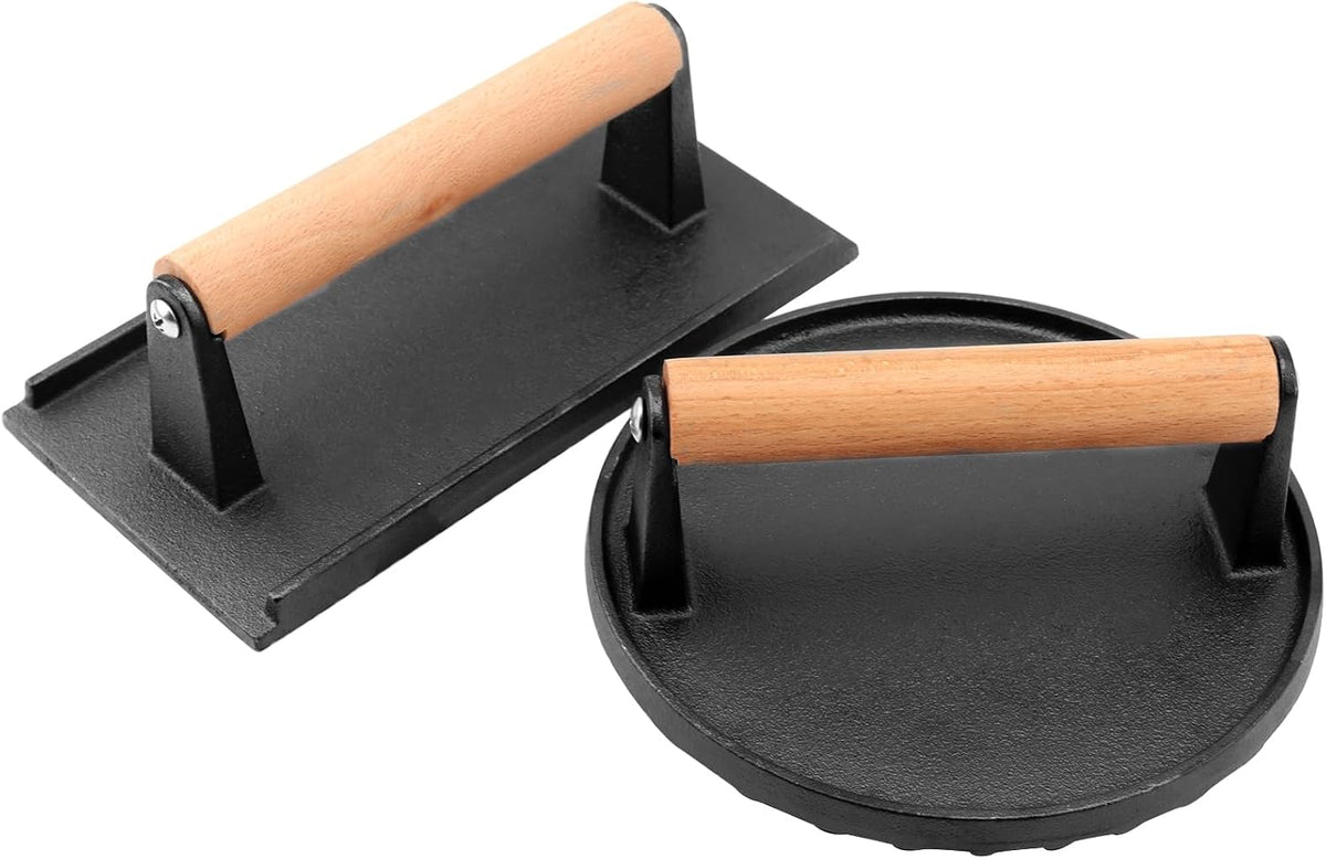 MOUYAT 2 Pack Cast Iron Grill Press, 6.8 Inch Round and 8 Inch Rectangle Heavy Grill Weight Bacon Griddle Press with Wooden Handle, Flat Cooking Weight Press Steak Weights for Bacon Burgers Meat BBQ
