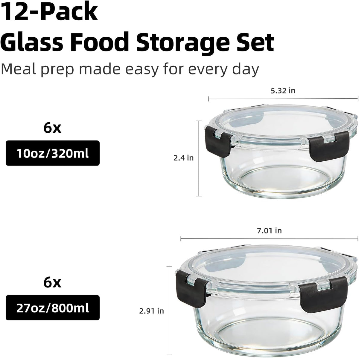 Konokyo Square Glass Food Storage Containers with Lids, 12 Pack Airtight Leakproof Meal Prep Containers, BPA-Free, Microwave Oven Freezer & Dishwasher Safe, Assorted Sizes