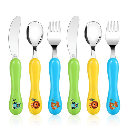 Lehoo Castle 6 Pieces Toddler Utensils, Kids Silverware for 2 3 4 Years Old, Stainless Steel Fork and Spoon Set with Plastic Handle, Safe Toddler Cutlery (Dinosaur)