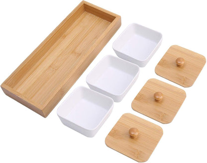 Joyzan Ceramic Divided Serving Dishes, Porcelain Snack Nut Condiments Appetizer Bowl Lids Dip Candy Platter Relish Bamboo Tray Removable Food Display Container Fruit Dessert Potato Chip Birthday Party