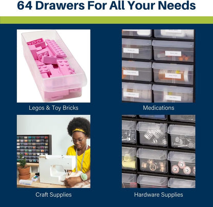 Akro-Mils 44-Drawer Plastic Drawer Storage Cabinet for Garage Organization, Bead Organizer, Building Bricks Storage, Teacher Toolbox, Makeup Organizer, 20" W x 6" D x 16" H, 10144 Black